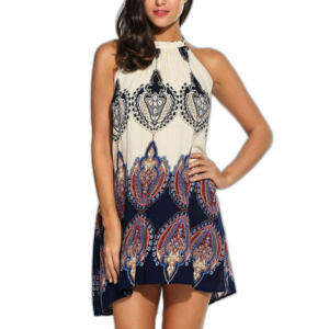 Davida Sleeveless Halter Boho Mini Dress Cream Navy Paisley Women's size small